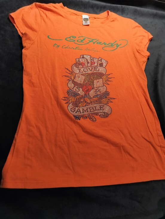 Ed Hardy Tops - Vintage Ed Hardy Orange Graphic Tee with Rhinestone Gamble Motif - XL